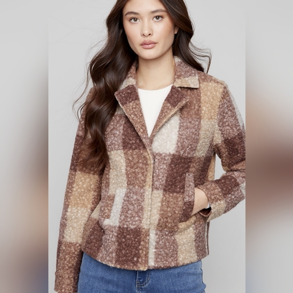 CHARLIE B Jackets & Blazers - CHARLIE B Plaid Teddy Jacket in Brown and Cream Tones